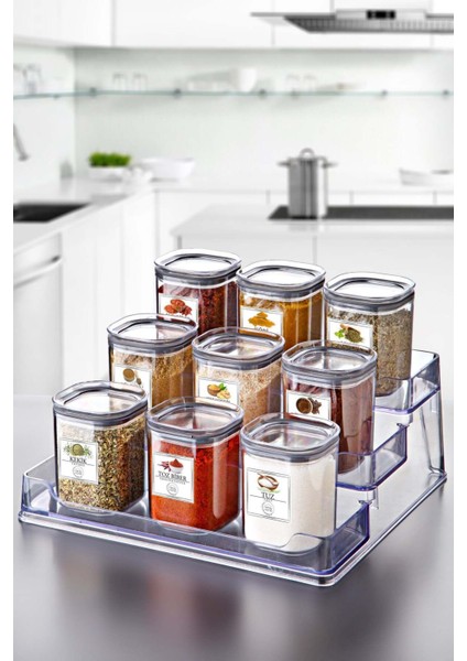 Turuncu 9'lu Baharatlık Seti, Etiket ve Stand Organizer ile Detaylı Düzen Sağlar