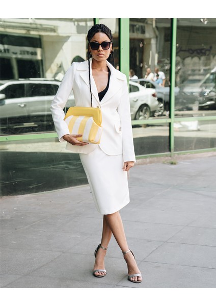 Kadın Sarı Çizgi Desenli Kanvas Clutch El Çantası