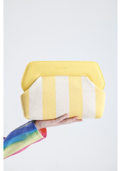 Kadın Sarı Çizgi Desenli Kanvas Clutch El Çantası
