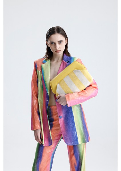 Kadın Sarı Çizgi Desenli Kanvas Clutch El Çantası modelleri