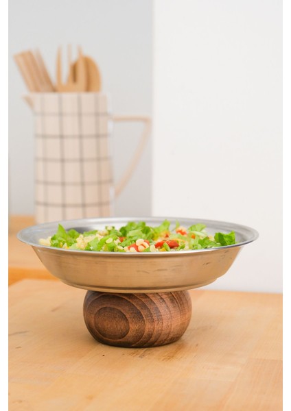 Gri Ahşap Ayaklı Çelik Sunum Tabağı, 21 Cm, Salata, Kısır, Meyve Için Ideal indirimleri