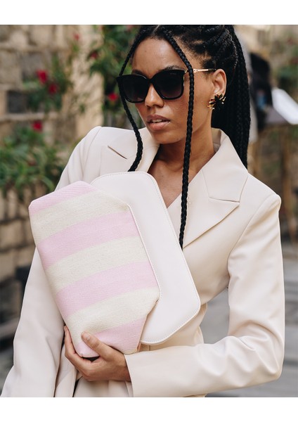 Kadın Pembe Çizgi Desenli Kanvas Clutch El Çantası modelleri