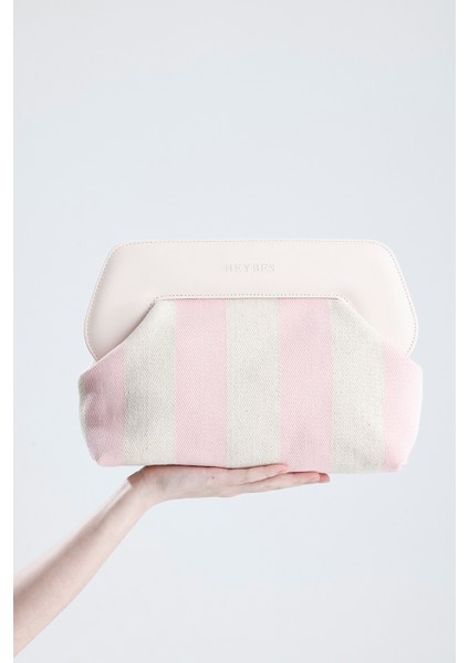 Kadın Pembe Çizgi Desenli Kanvas Clutch El Çantası