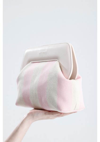 Kadın Pembe Çizgi Desenli Kanvas Clutch El Çantası fırsatları