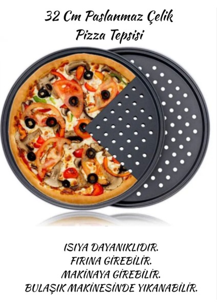 32 cm Paslanmaz Çelik Büyük Pizza Tepsisi, Yanmaz ve Yapışmaz, Şık Siyah Renk