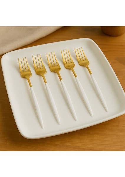 6 Adet Paslanmaz Çelik Yemek Çatalı, Gold ve Beyaz Saplı, Şık ve Dayanıklı Set