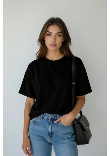 Store %100 Organik Pamuk Nefes Alan Yumuşak Dokulu Premium Yarım Oversize Bisiklet Yaka Basic Kadın/Unisex Tişört Siyah