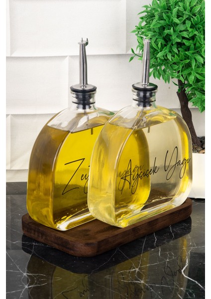 2'li Oval Cam Yağdanlık Ahşap Stantlı Gümüş Kapak, Ayçiçek ve Zeytinyağı Etiketli