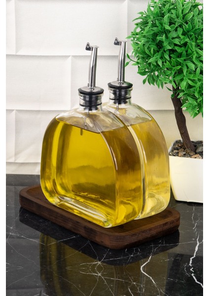 2'li Oval Cam Yağdanlık Ahşap Stantlı Gümüş Kapak, Ayçiçek ve Zeytinyağı Etiketli modelleri