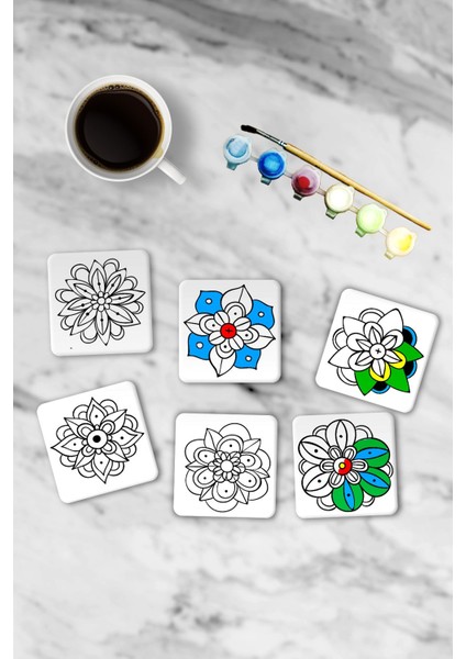 Boyanabilir Mandala Ahşap Bardak Altlığı, Yetişkinler Için Boyama Seti, 6'lı Ahşap Boyama Hobi Seti