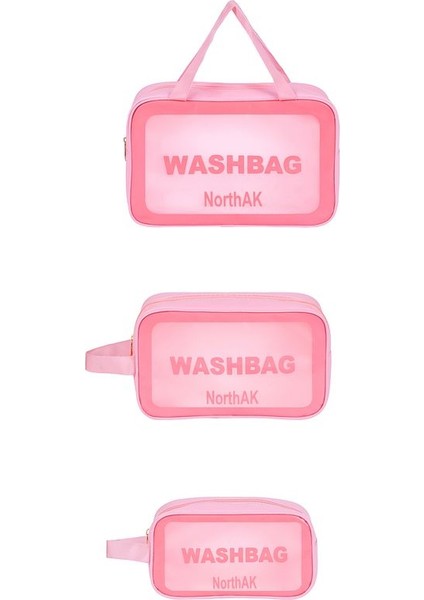 3'lü Set Şeffaf Seyahat Makyaj Çantası - Kozmetik ve Makyaj Çantası 3 Adet Seyahat Çantası Pembe