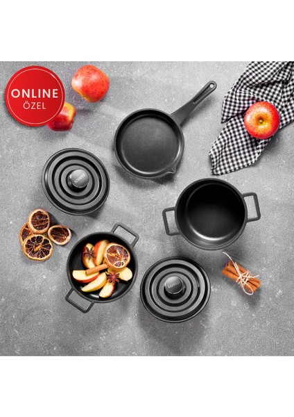 Mini Döküm Tencere Seti, 5 Parça, Siyah, Şık ve Dayanıklı Mutfağınız Için