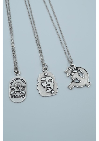 3'lü Devrim Che Guevara Orak Çekiç Gümüş Kaplama Kolye Seti