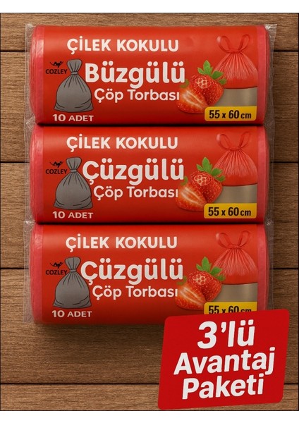 30 Adet Çilek Kokulu Büzgülü Orta Boy Avantaj Paket Çöp Poşetleri Çöp Torbaları 55X60 cm
