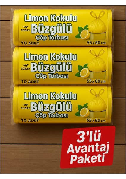30 Adet Limon Kokulu Büzgülü Orta Boy Avantaj Paket Çöp Poşetleri Çöp Torbaları 55X60 cm