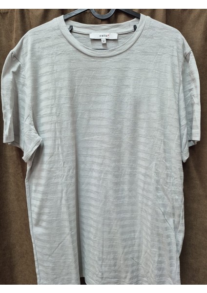 Açık Gri Dokulu Tişört - Çizgi Desenli