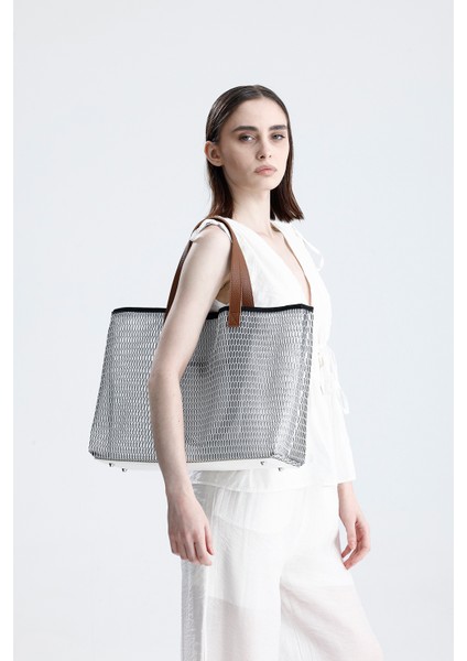 Kadın Beyaz Petek Desenli Şeffaf Büyük Boy Plaj ve Alışveriş Shopper Tote Omuz Çantası fiyatları