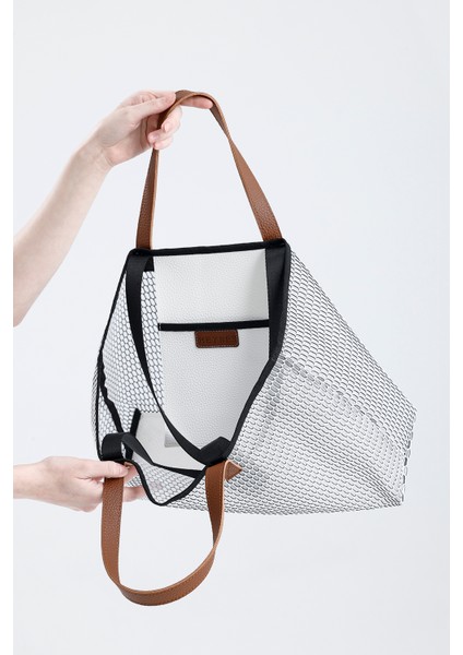Kadın Beyaz Petek Desenli Şeffaf Büyük Boy Plaj ve Alışveriş Shopper Tote Omuz Çantası