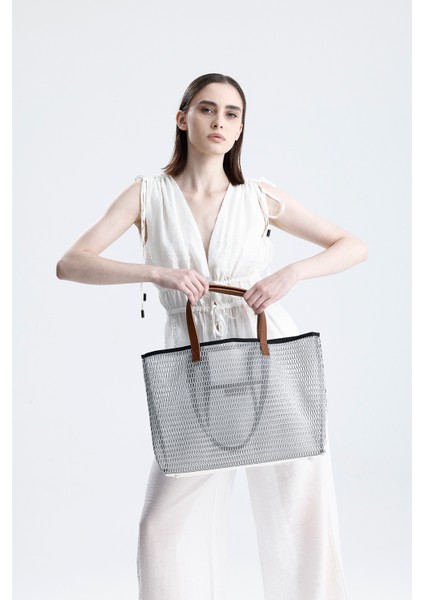 Kadın Beyaz Petek Desenli Şeffaf Büyük Boy Plaj ve Alışveriş Shopper Tote Omuz Çantası