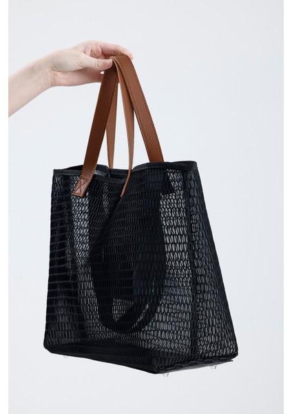Kadın Siyah Petek Desenli Şeffaf Büyük Boy Plaj Ve Alışveriş Shopper Tote Omuz Çantası modelleri