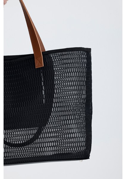 Kadın Siyah Petek Desenli Şeffaf Büyük Boy Plaj Ve Alışveriş Shopper Tote Omuz Çantası indirimleri