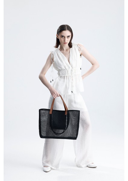 Kadın Siyah Petek Desenli Şeffaf Büyük Boy Plaj Ve Alışveriş Shopper Tote Omuz Çantası