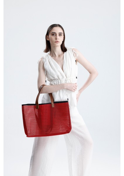 Kadın Kırmızı Petek Desenli Şeffaf Büyük Boy Plaj ve Alışveriş Shopper Tote Omuz Çantası fiyatları