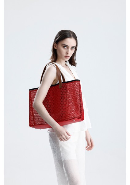 Kadın Kırmızı Petek Desenli Şeffaf Büyük Boy Plaj ve Alışveriş Shopper Tote Omuz Çantası modelleri
