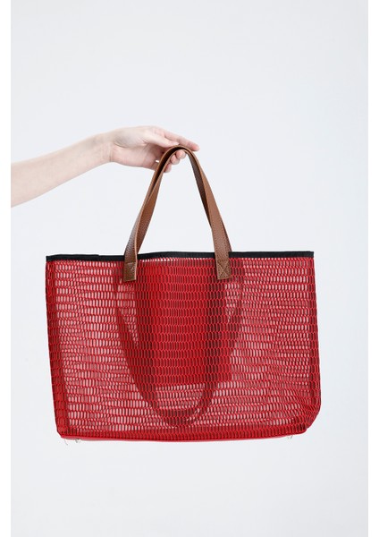 Kadın Kırmızı Petek Desenli Şeffaf Büyük Boy Plaj ve Alışveriş Shopper Tote Omuz Çantası