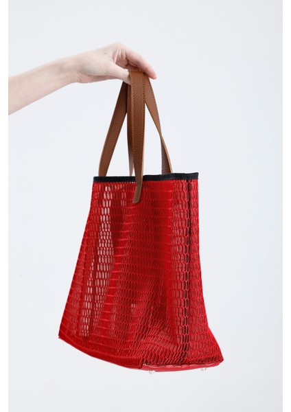 Kadın Kırmızı Petek Desenli Şeffaf Büyük Boy Plaj ve Alışveriş Shopper Tote Omuz Çantası fırsatları