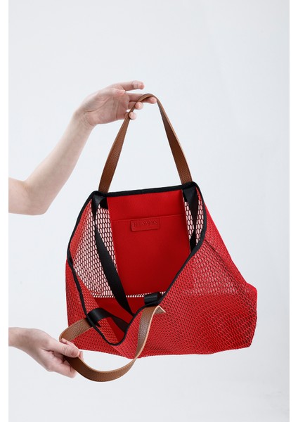 Kadın Kırmızı Petek Desenli Şeffaf Büyük Boy Plaj ve Alışveriş Shopper Tote Omuz Çantası