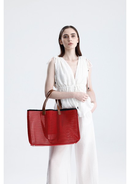 Kadın Kırmızı Petek Desenli Şeffaf Büyük Boy Plaj ve Alışveriş Shopper Tote Omuz Çantası