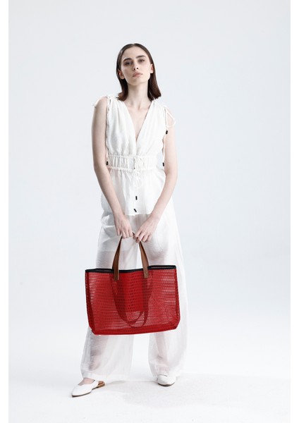 Kadın Kırmızı Petek Desenli Şeffaf Büyük Boy Plaj ve Alışveriş Shopper Tote Omuz Çantası
