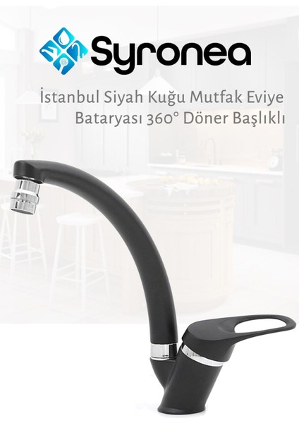 Istanbul Siyah Mutfak Eviye Bataryası Aç Kapa Musluk 360 Derece Döner Perlatörlü