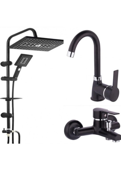 Siyah Kare 3'lü Banyo Seti- Duş Robotu, Banyo Bataryası, Lavabo Bataryası