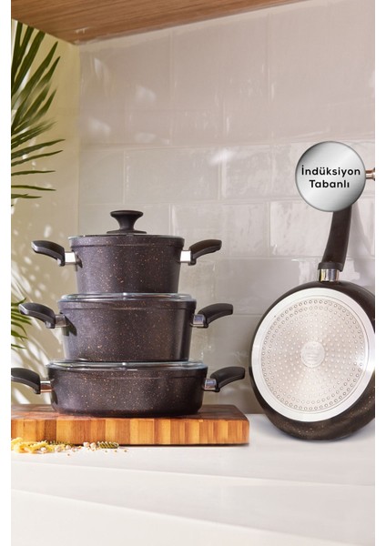 Siyah Biogranit 7 Parça Indüksiyon Tencere Seti, Dayanıklı ve Şık Mutfak Ürünü