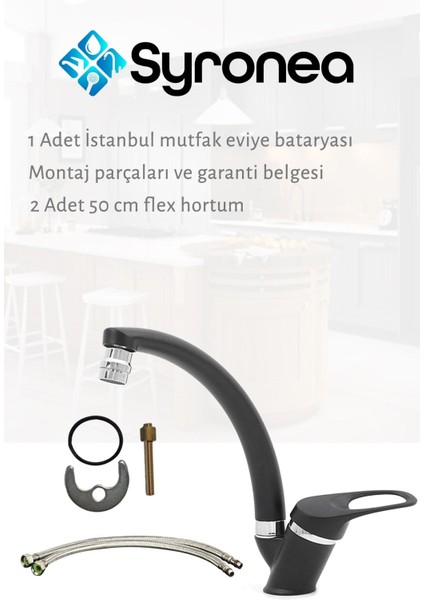 Istanbul Siyah Mutfak Eviye Bataryası Aç Kapa Musluk 360 Derece Döner Perlatörlü modelleri
