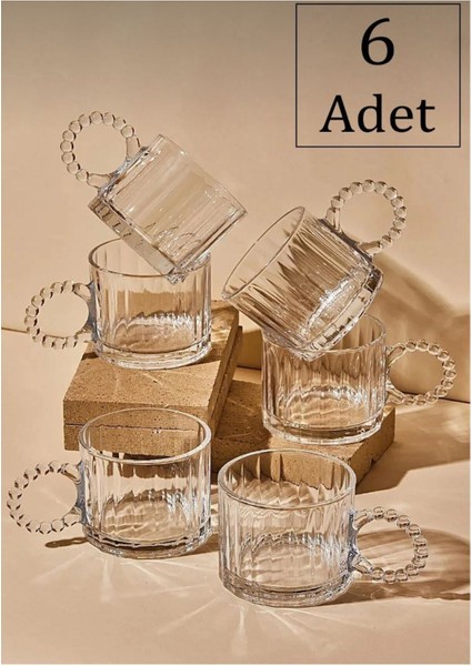 Kahverengi 6'lı Cam Boncuk Kulplu Bardak Seti, 250ML, Şık ve Kullanışlı Tasarım