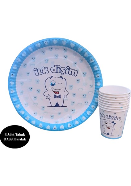 Ilk Dişim Mavi Karton Tabak Bardak 8 Li Set
