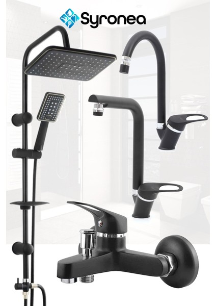 Robot Siyah Tepe Yağmurlama Duş Seti Mutfak Banyo Lavabo Batarya Musluk Set