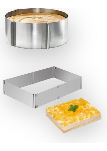 2'li Ayarlanabilir Kek Kalıbı, Dikdörtgen ve Çember, Gümüş, Paslanmaz, Pratik Kullanım