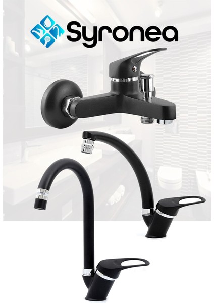 Siyah Mix Banyo Lavabo ve Batarya Seti Oynar Perlatörlü 3 Lü Set 3 Yıl Garanti