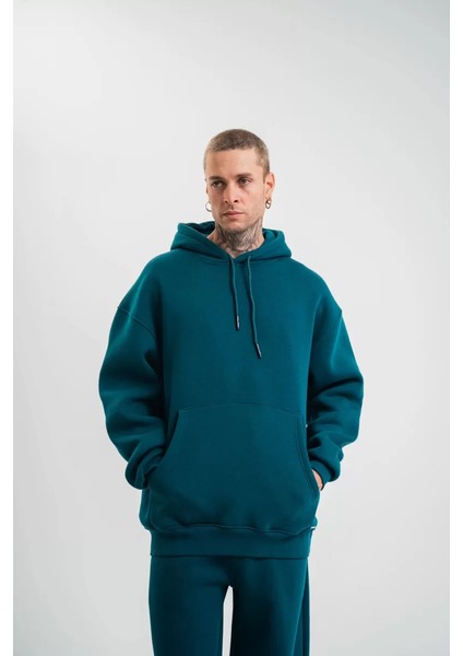 Unisex Double Oversize Kapüşonlu Basic Sweatshirt - Koyu Deniz Yeşili fiyatları