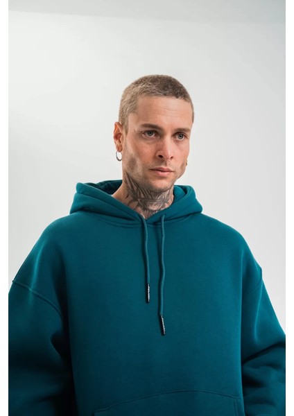 Unisex Double Oversize Kapüşonlu Basic Sweatshirt - Koyu Deniz Yeşili