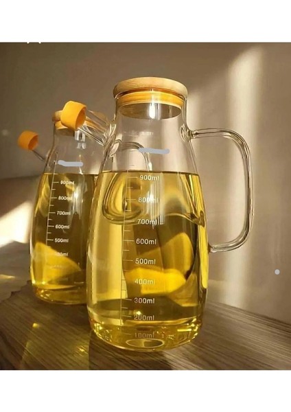 Bambu Kapaklı 900 ml Borosilikat Cam Yağlık, Şık ve Kullanışlı Ev Aksesuarı
