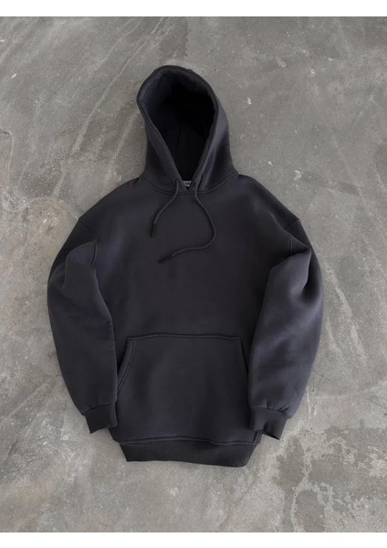 Kapüşonlu Üç Iplik Penye Basic Sweatshirt - Füme