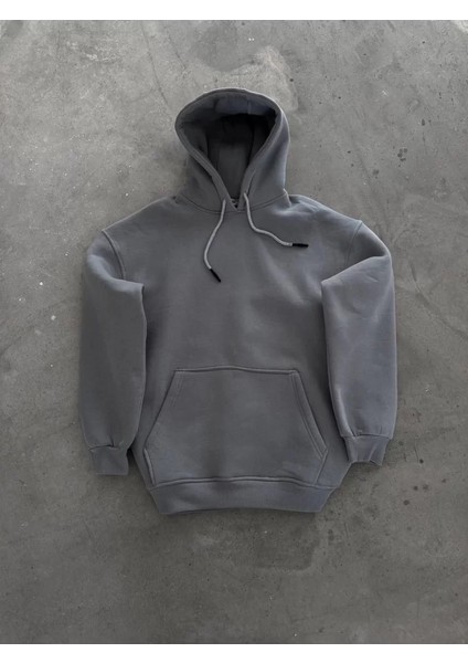 Kapüşonlu Üç Iplik Penye Basic Sweatshirt - Gri