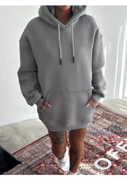 Kapüşonlu Üç Iplik Penye Basic Sweatshirt - Gri fiyatları