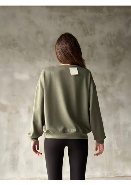 Modal Kumaş Yumuşak Dokulu Bisiklet Yaka Oversize Sweatshirt - Haki fiyatları