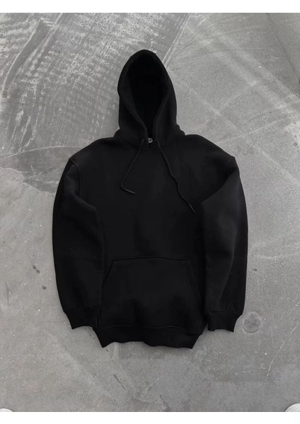 Kapüşonlu Üç Iplik Penye Basic Sweatshirt - Siyah